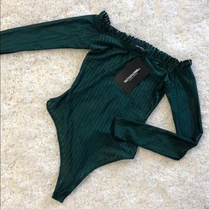 PrettyLittleThing Tops - PLT Emerald Green Mesh Stripe Bardot Bodysuit PrettyLittleThing Tops - PLT Emerald Green Mesh Stripe Bardot Bodysuit